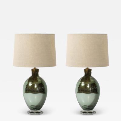 Modernist Hand Blown Murano Smoked Emerald Glass Table Lamps W 24K Gold Flecks