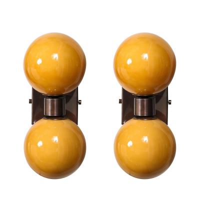 Modernist Hand Blown Murano Smoked Golden Moon Hue Glass Double Sphere Sconces
