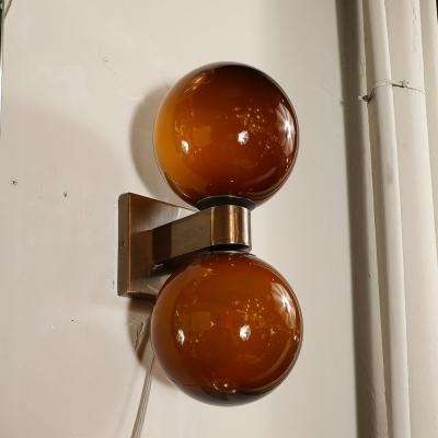 Modernist Hand Blown Murano Smoked Tortoise Glass Double Sphere Bronze Sconces