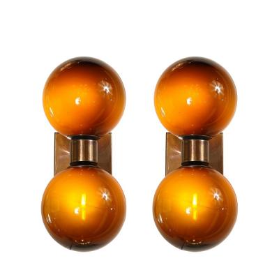 Modernist Hand Blown Murano Smoked Tortoise Glass Double Sphere Bronze Sconces