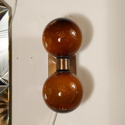 Modernist Hand Blown Murano Smoked Tortoise Glass Double Sphere Bronze Sconces