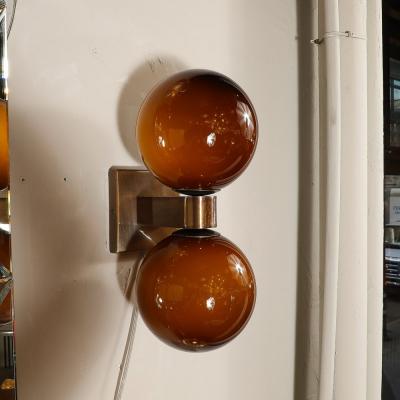 Modernist Hand Blown Murano Smoked Tortoise Glass Double Sphere Bronze Sconces