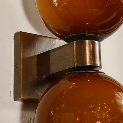 Modernist Hand Blown Murano Smoked Tortoise Glass Double Sphere Bronze Sconces