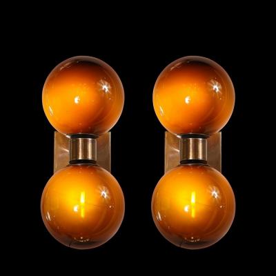 Modernist Hand Blown Murano Smoked Tortoise Glass Double Sphere Bronze Sconces