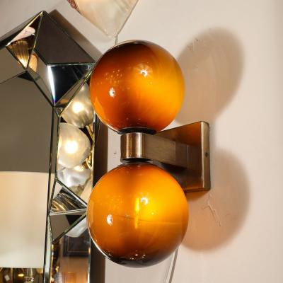 Modernist Hand Blown Murano Smoked Tortoise Glass Double Sphere Bronze Sconces