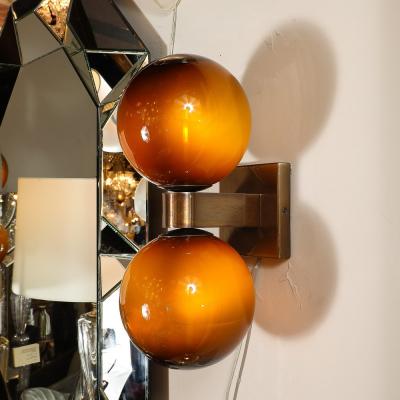 Modernist Hand Blown Murano Smoked Tortoise Glass Double Sphere Bronze Sconces