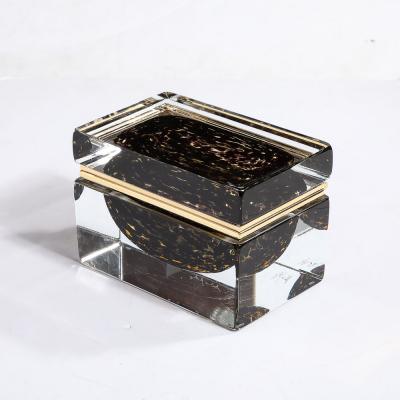 Modernist Hand Blown Murano Spotted Jet Black Clear Glass Box w Brass Fitting