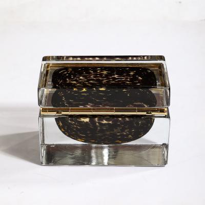Modernist Hand Blown Murano Spotted Jet Black Clear Glass Box w Brass Fitting