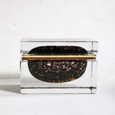Modernist Hand Blown Murano Spotted Jet Black Clear Glass Box w Brass Fitting