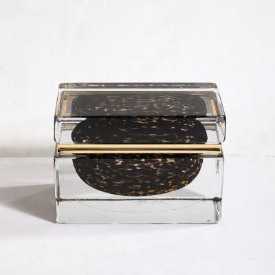 Modernist Hand Blown Murano Spotted Jet Black Clear Glass Box w Brass Fitting