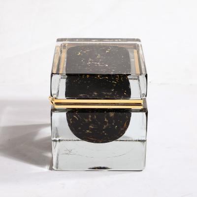 Modernist Hand Blown Murano Spotted Jet Black Clear Glass Box w Brass Fitting
