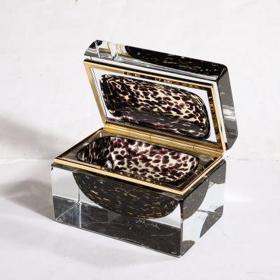 Modernist Hand Blown Murano Spotted Jet Black Clear Glass Box w Brass Fitting