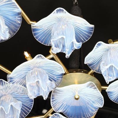 Modernist Hand Blown Opalescent Murano Glass Reverse Bloom Brass Flush Mount