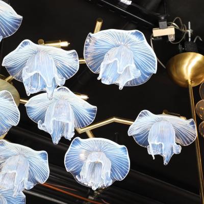 Modernist Hand Blown Opalescent Murano Glass Reverse Bloom Brass Flush Mount