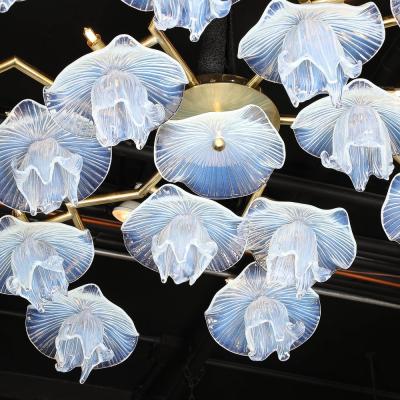 Modernist Hand Blown Opalescent Murano Glass Reverse Bloom Brass Flush Mount