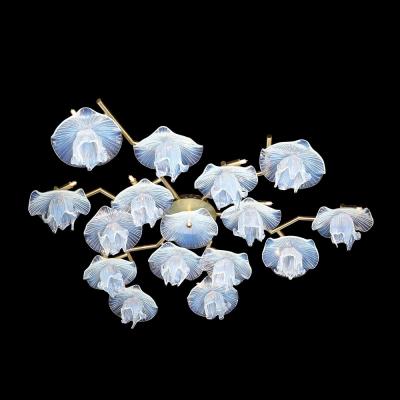 Modernist Hand Blown Opalescent Murano Glass Reverse Bloom Brass Flush Mount