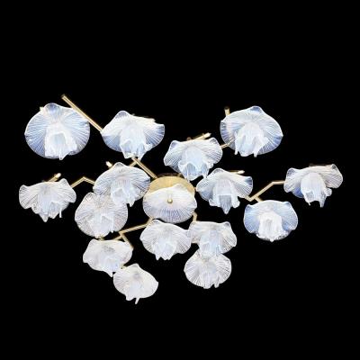 Modernist Hand Blown Opalescent Murano Glass Reverse Bloom Brass Flush Mount