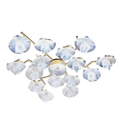 Modernist Hand Blown Opalescent Murano Glass Reverse Bloom Brass Flush Mount