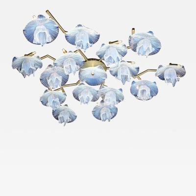Modernist Hand Blown Opalescent Murano Glass Reverse Bloom Brass Flush Mount