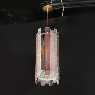 Modernist Hand Blown Rose and Clear Murano Glass Paneled Cylindrical Chandelier