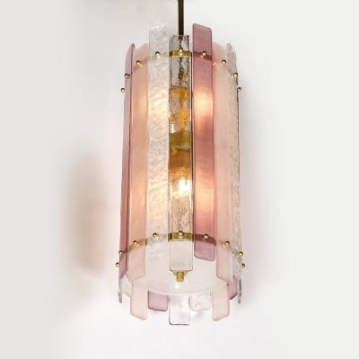 Modernist Hand Blown Rose and Clear Murano Glass Paneled Cylindrical Chandelier