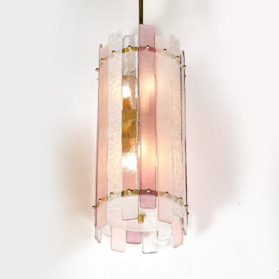 Modernist Hand Blown Rose and Clear Murano Glass Paneled Cylindrical Chandelier