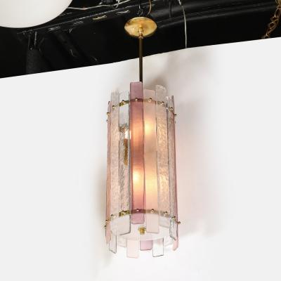 Modernist Hand Blown Rose and Clear Murano Glass Paneled Cylindrical Chandelier
