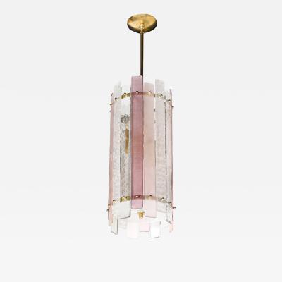 Modernist Hand Blown Rose and Clear Murano Glass Paneled Cylindrical Chandelier
