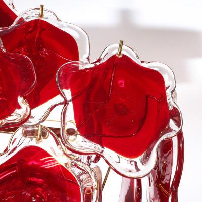 Modernist Hand Blown Ruby Murano Glass Pagoda Form Organic Disc Chandelier
