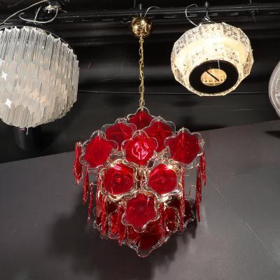 Modernist Hand Blown Ruby Murano Glass Pagoda Form Organic Disc Chandelier