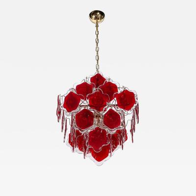 Modernist Hand Blown Ruby Murano Glass Pagoda Form Organic Disc Chandelier