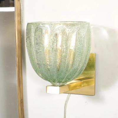 Modernist Hand Blown Sea Green Fluted Pulegoso Murano Glass Brass Sconces