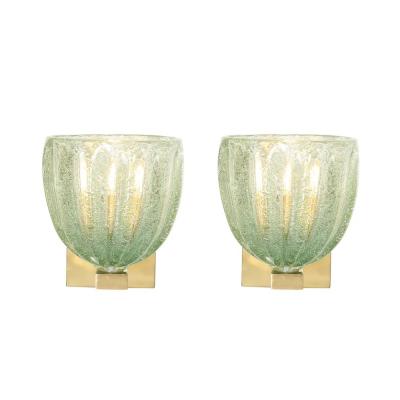 Modernist Hand Blown Sea Green Fluted Pulegoso Murano Glass Brass Sconces