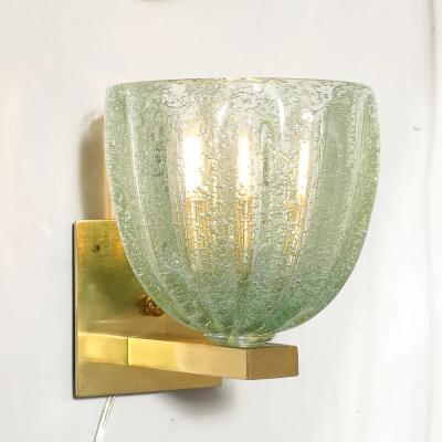 Modernist Hand Blown Sea Green Fluted Pulegoso Murano Glass Brass Sconces