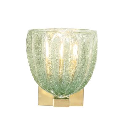 Modernist Hand Blown Sea Green Fluted Pulegoso Murano Glass Brass Sconces