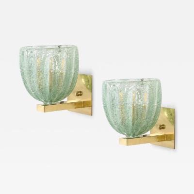 Modernist Hand Blown Sea Green Fluted Pulegoso Murano Glass Brass Sconces