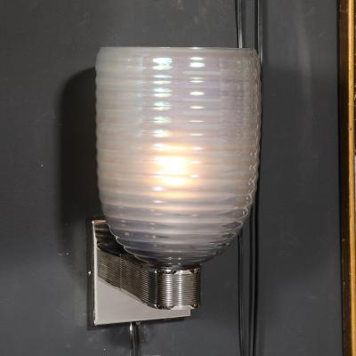Modernist Hand Blown Smoked Cerulean Hive Murano Glass Nickel Fitted Sconces