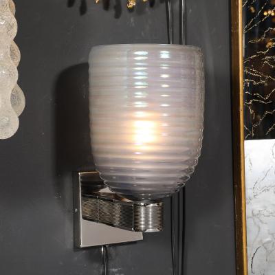 Modernist Hand Blown Smoked Cerulean Hive Murano Glass Nickel Fitted Sconces