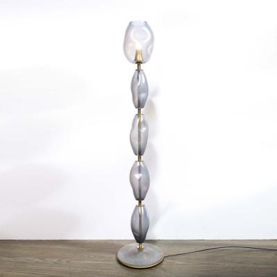 Modernist Hand Blown Smoked Cobalt Murano Glass Brass Torchiere