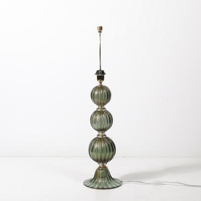 Modernist Hand Blown Smoked Emerald Murano Glass Fluted Stacked Ball Table Lamps