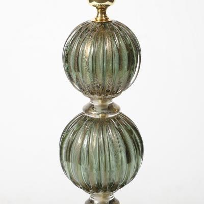 Modernist Hand Blown Smoked Emerald Murano Glass Fluted Stacked Ball Table Lamps