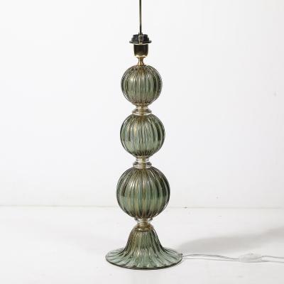 Modernist Hand Blown Smoked Emerald Murano Glass Fluted Stacked Ball Table Lamps
