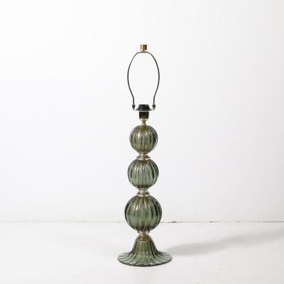 Modernist Hand Blown Smoked Emerald Murano Glass Fluted Stacked Ball Table Lamps