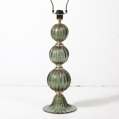 Modernist Hand Blown Smoked Emerald Murano Glass Fluted Stacked Ball Table Lamps