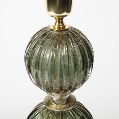Modernist Hand Blown Smoked Emerald Murano Glass Fluted Stacked Ball Table Lamps