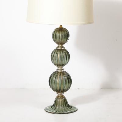 Modernist Hand Blown Smoked Emerald Murano Glass Fluted Stacked Ball Table Lamps
