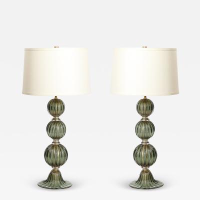 Modernist Hand Blown Smoked Emerald Murano Glass Fluted Stacked Ball Table Lamps