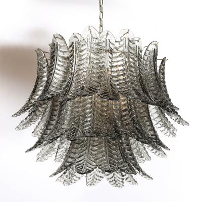 Modernist Hand Blown Smoked Gray Murano Glass 3 Tier Reeded Feather Chandelier
