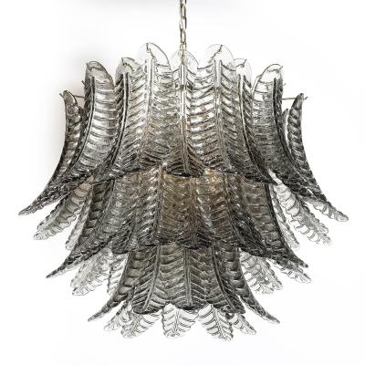 Modernist Hand Blown Smoked Gray Murano Glass 3 Tier Reeded Feather Chandelier
