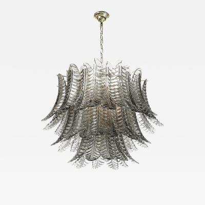 Modernist Hand Blown Smoked Gray Murano Glass 3 Tier Reeded Feather Chandelier